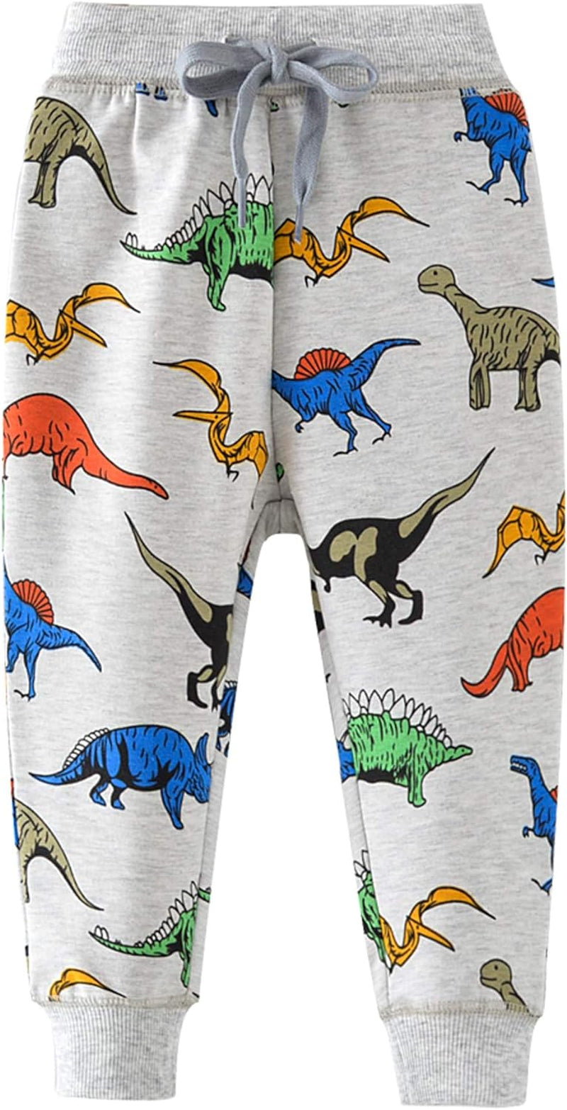 Boys Cartoon Print Dinosaur Monkey Pattern Cotton Pants Drawstring Elastic Sweatpants