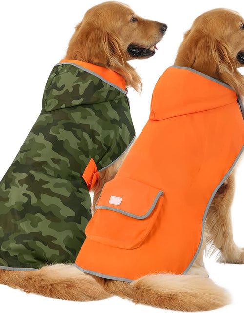 Load image into Gallery viewer, Reversible Dog Raincoat Hooded Slicker Poncho Rain Coat Jacket for Small Medium Large Dogs Camo Orange - L
