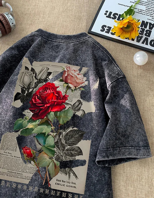 Load image into Gallery viewer, Gothic Washed Tshirts Rose Printed Streetwear Men T-Shirt O-Neck Oversized Korean Short Sleeve Tops Harajuku Casual Male Tee
