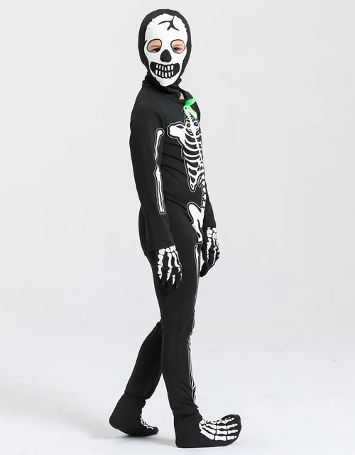 Load image into Gallery viewer, 5-15T Glows in the Dark Skeleton Costume, Black Skelebones Jumpsuit, Halloween Costume for Kids Youth Boys Girls
