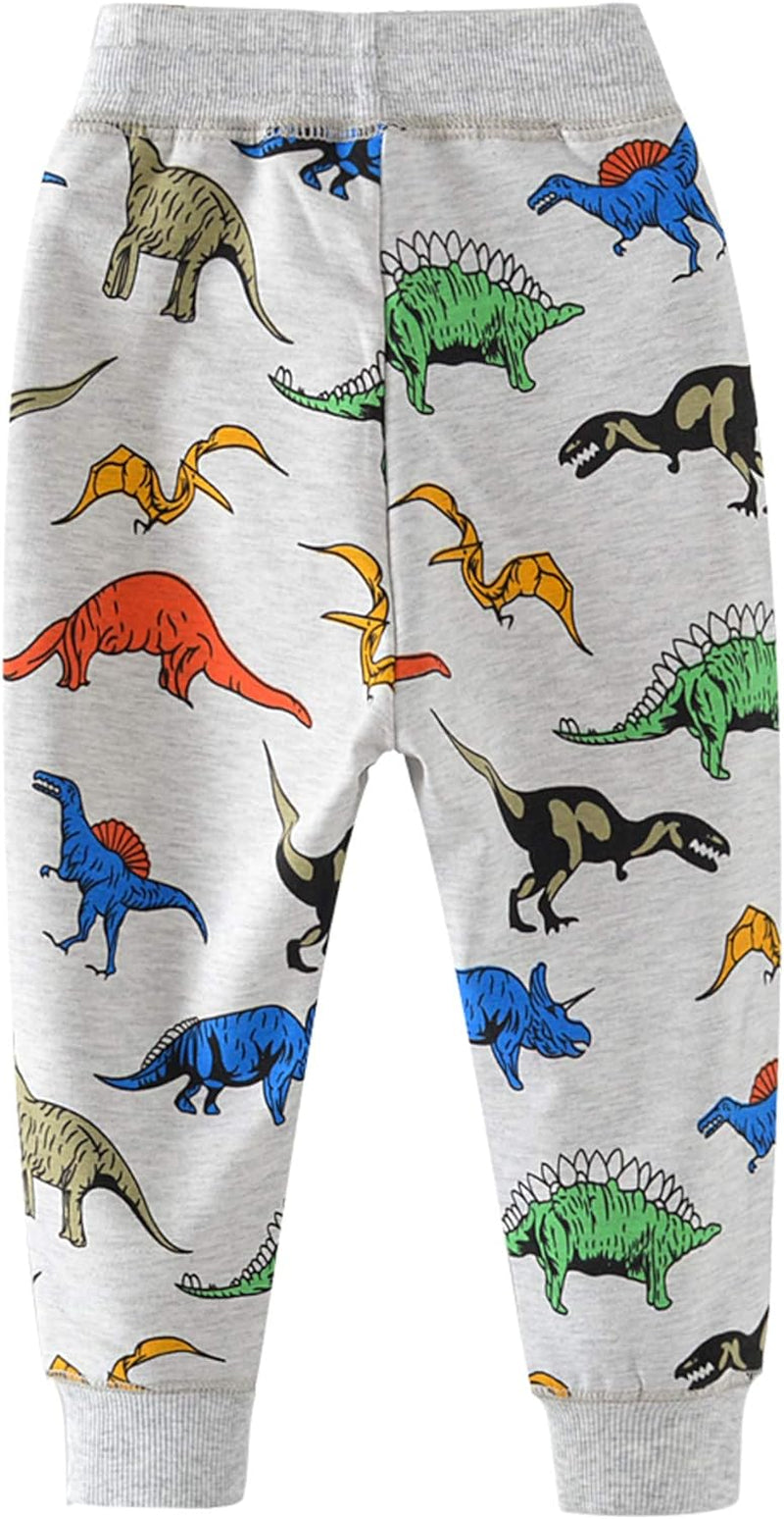 Boys Cartoon Print Dinosaur Monkey Pattern Cotton Pants Drawstring Elastic Sweatpants