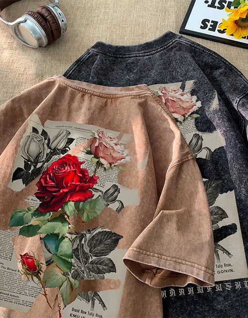 Load image into Gallery viewer, Gothic Washed Tshirts Rose Printed Streetwear Men T-Shirt O-Neck Oversized Korean Short Sleeve Tops Harajuku Casual Male Tee
