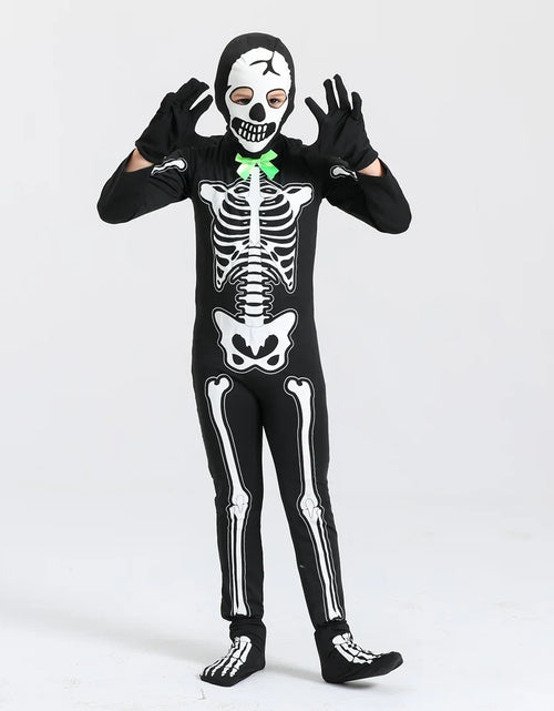 Load image into Gallery viewer, 5-15T Glows in the Dark Skeleton Costume, Black Skelebones Jumpsuit, Halloween Costume for Kids Youth Boys Girls
