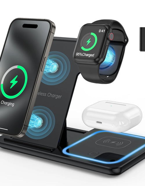 Load image into Gallery viewer, 3 in 1 Wireless Charger, 18W Fast Charger Pad Stand Charging Station Dock for Iwatch Series SE 8/7/6/5/4/3 Airpods Pro/3/2 for Iphone 15/14/13/12 /11/Pro Max/12 Mini /XR (With QC3.0 Adapter)
