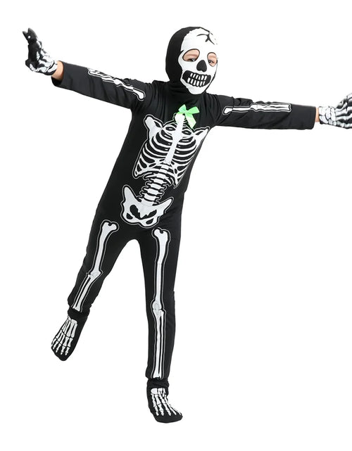 Load image into Gallery viewer, 5-15T Glows in the Dark Skeleton Costume, Black Skelebones Jumpsuit, Halloween Costume for Kids Youth Boys Girls
