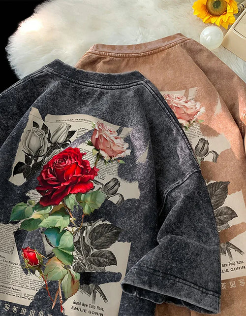 Load image into Gallery viewer, Gothic Washed Tshirts Rose Printed Streetwear Men T-Shirt O-Neck Oversized Korean Short Sleeve Tops Harajuku Casual Male Tee
