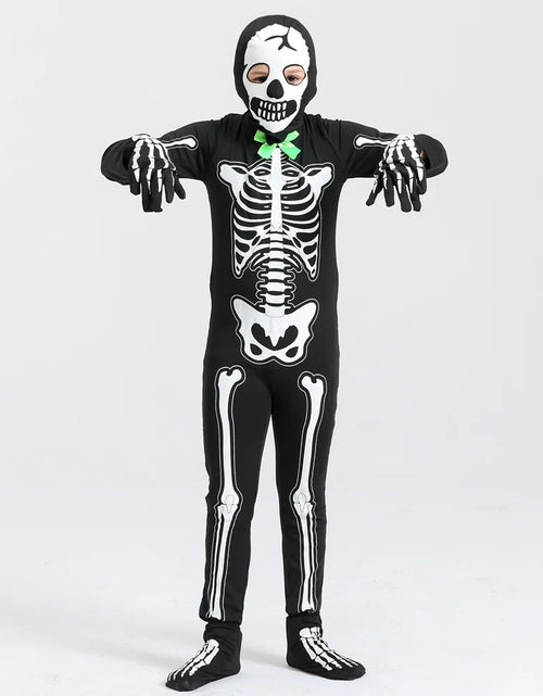 Load image into Gallery viewer, 5-15T Glows in the Dark Skeleton Costume, Black Skelebones Jumpsuit, Halloween Costume for Kids Youth Boys Girls
