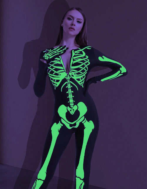 Load image into Gallery viewer, Glow in the Dark Skeleton Costume for Adults Women Halloween Dress up Party Role Playing Cosplay
