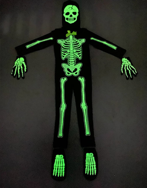 Load image into Gallery viewer, 5-15T Glows in the Dark Skeleton Costume, Black Skelebones Jumpsuit, Halloween Costume for Kids Youth Boys Girls
