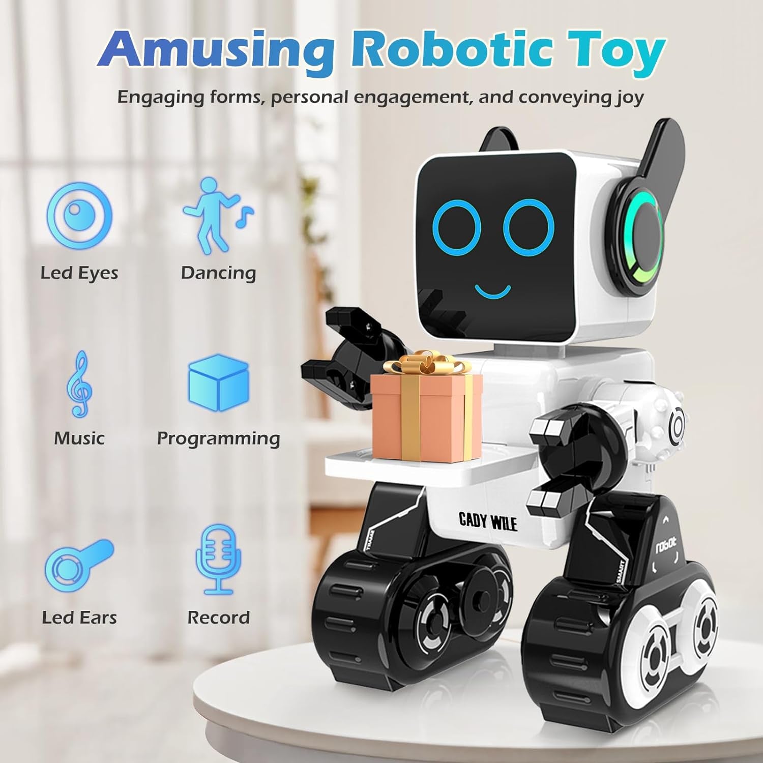 Rechargeable RC Robot Toy for Kids - Interactive Intelligent LED Light, Speaks, Dances, Built-In Coin Bank (White)