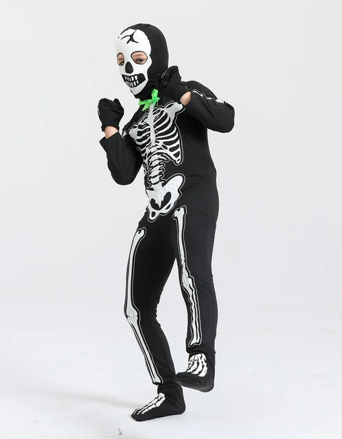 Load image into Gallery viewer, 5-15T Glows in the Dark Skeleton Costume, Black Skelebones Jumpsuit, Halloween Costume for Kids Youth Boys Girls
