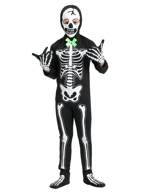 Load image into Gallery viewer, 5-15T Glows in the Dark Skeleton Costume, Black Skelebones Jumpsuit, Halloween Costume for Kids Youth Boys Girls
