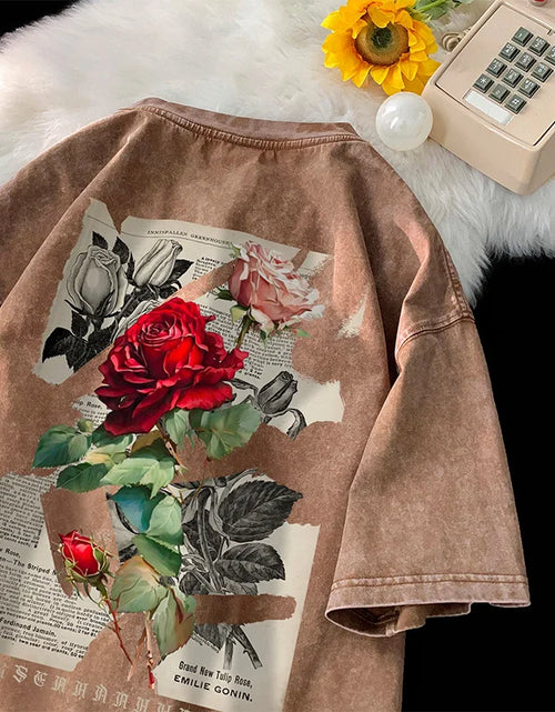 Load image into Gallery viewer, Gothic Washed Tshirts Rose Printed Streetwear Men T-Shirt O-Neck Oversized Korean Short Sleeve Tops Harajuku Casual Male Tee
